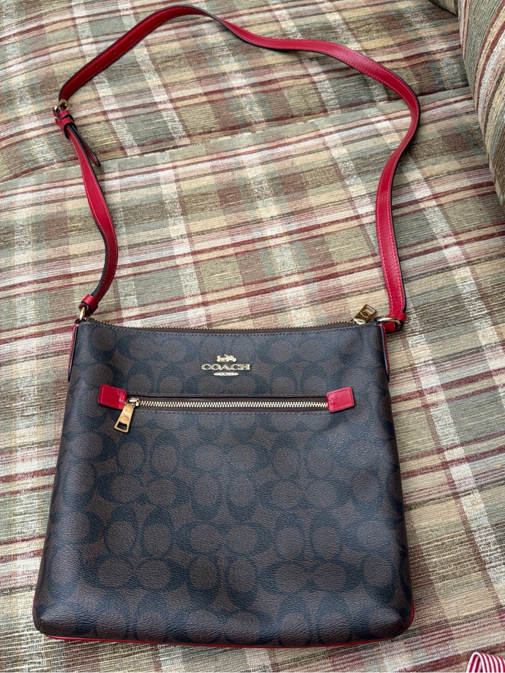Coach Brown Signature Crossbody with Red Trim